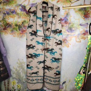 Mazmania Western Horse Print Duster Vest  Grey, Brown, & Turquoise